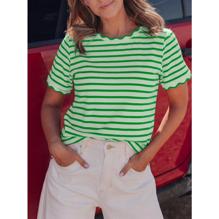 Striped Scallop-Trimmed Round Neck T-Shirt Green / S Apparel and Accessories