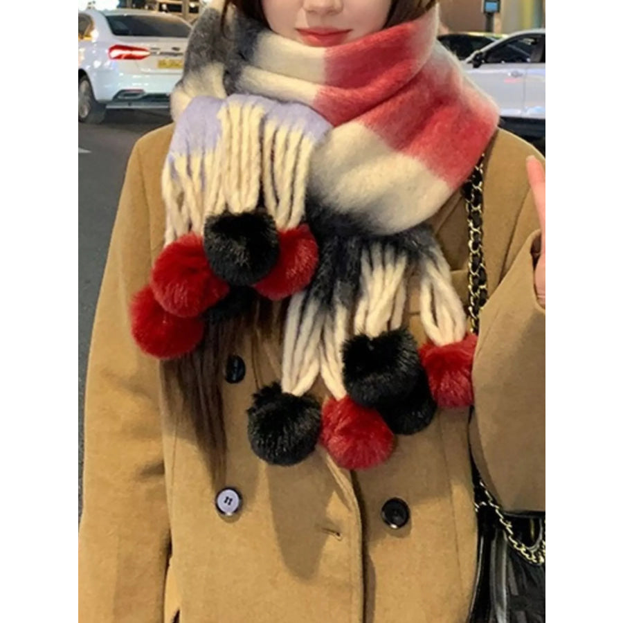 Striped Scarf with Pom-Poms Deep Red / One Size Apparel and Accessories