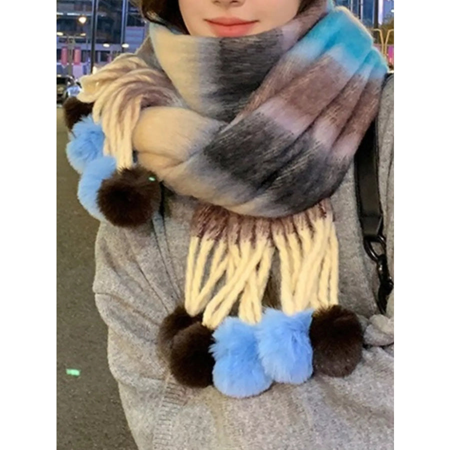 Striped Scarf with Pom-Poms Sky Blue / One Size Apparel and Accessories