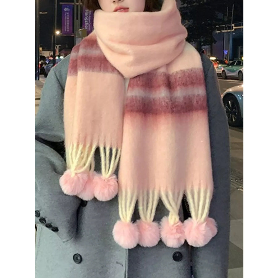 Striped Scarf with Pom-Poms Watermelon pink / One Size Apparel and Accessories