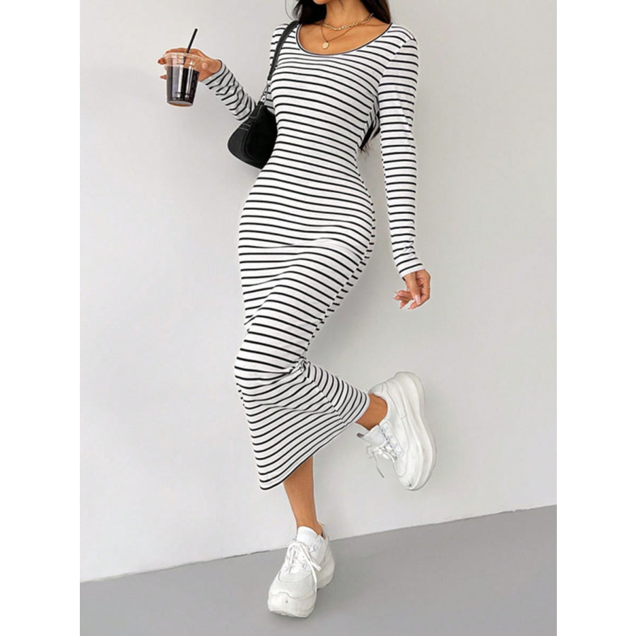 Striped Scoop Neck Long Sleeve Midi Tee Dress White / S Apparel and Accessories