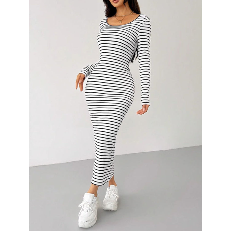 Striped Scoop Neck Long Sleeve Midi Tee Dress Apparel and Accessories