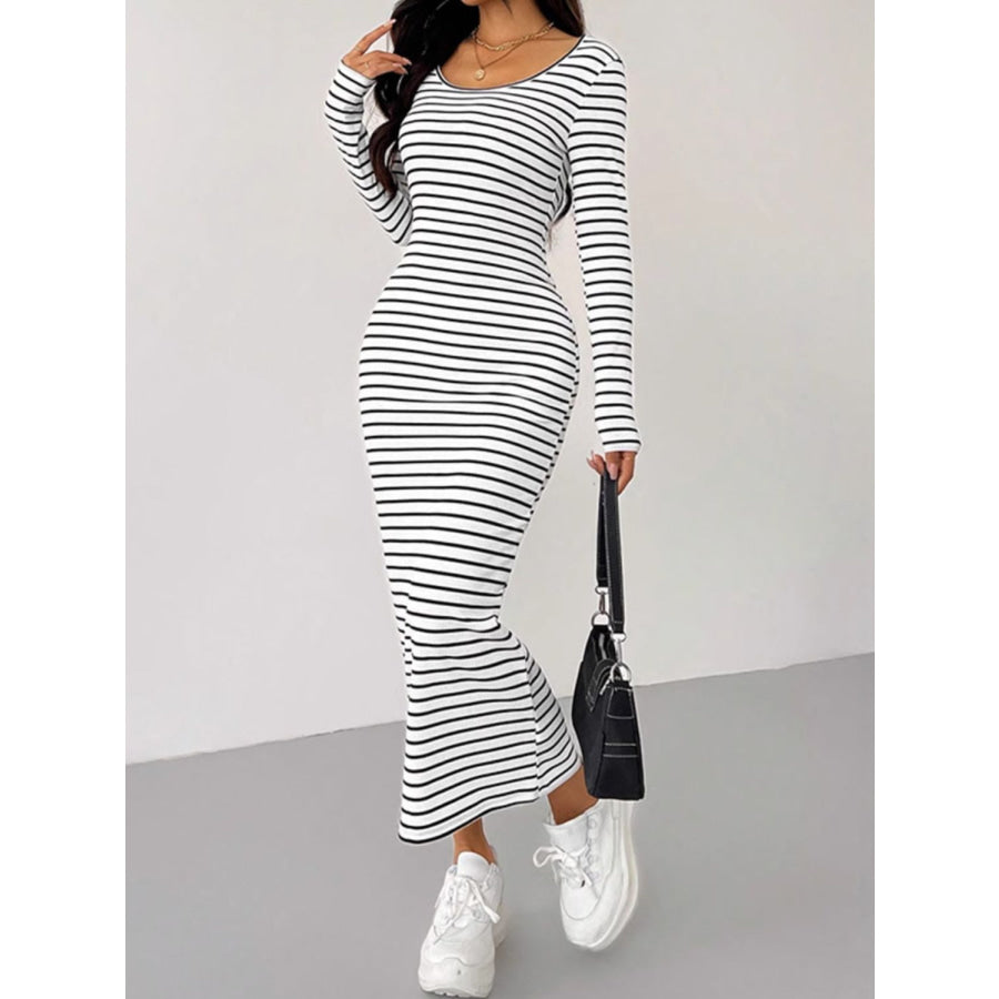 Striped Scoop Neck Long Sleeve Midi Tee Dress White / S Apparel and Accessories