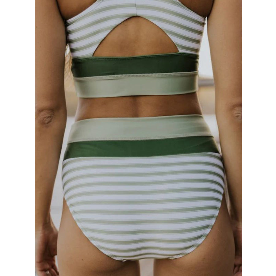 Striped Scoop Neck Wide Strap Swim Top and Bottom Set Apparel and Accessories