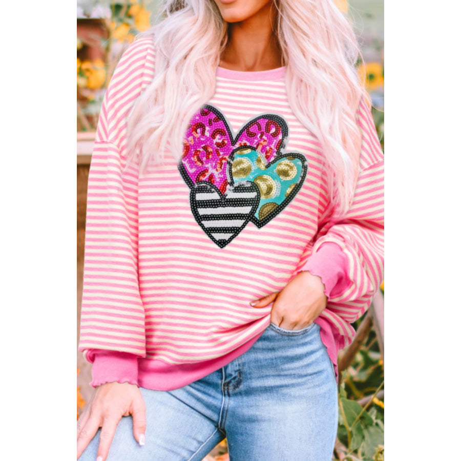 Striped Sequin Heart Round Neck Long Sleeve Sweatshirt Apparel and Accessories