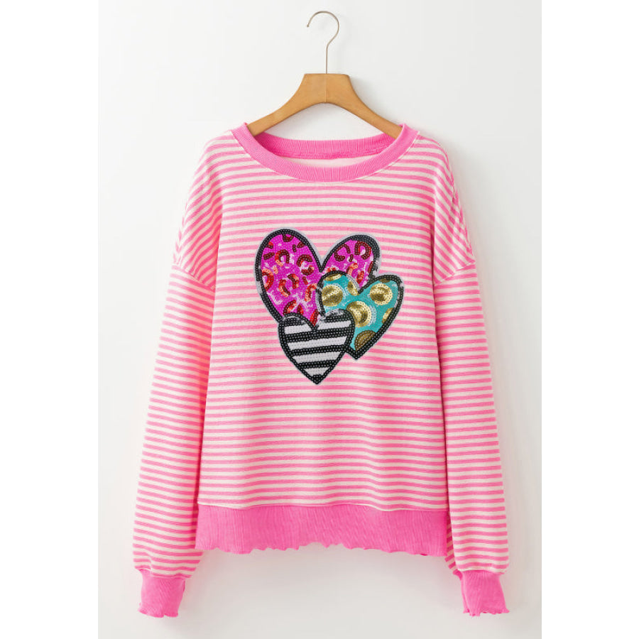 Striped Sequin Heart Round Neck Long Sleeve Sweatshirt Apparel and Accessories