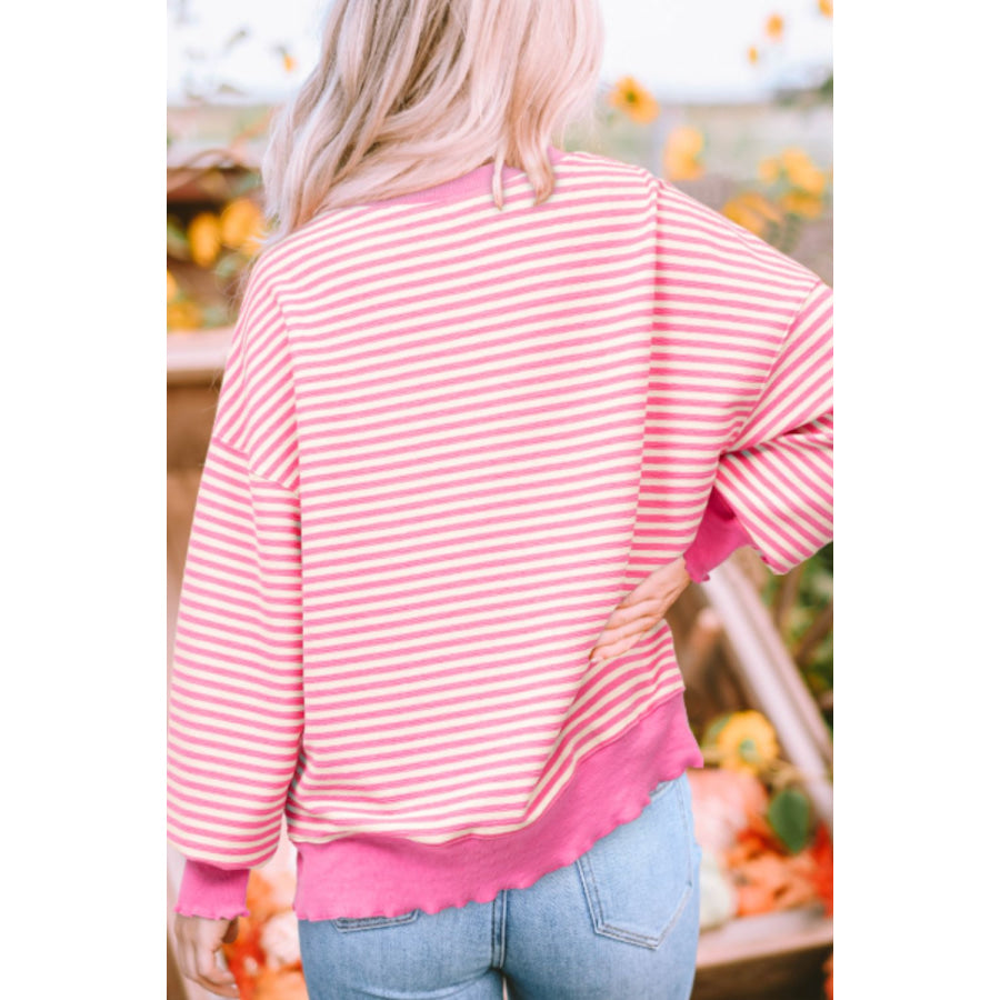 Striped Sequin Heart Round Neck Long Sleeve Sweatshirt Apparel and Accessories