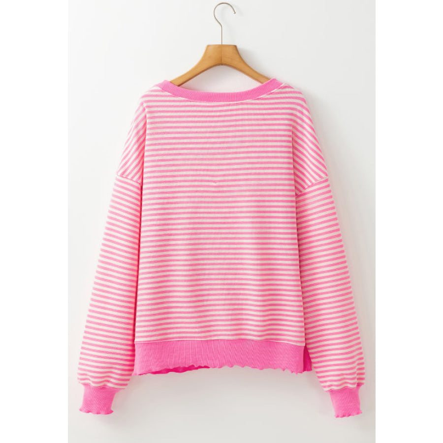 Striped Sequin Heart Round Neck Long Sleeve Sweatshirt Apparel and Accessories