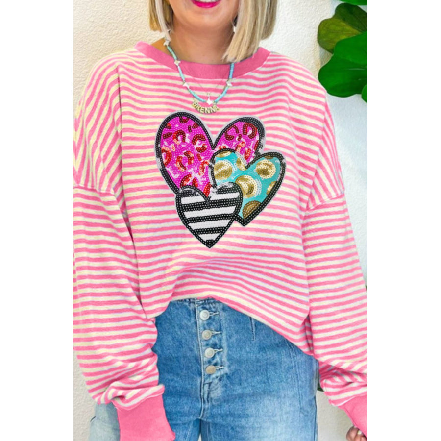 Striped Sequin Heart Round Neck Long Sleeve Sweatshirt Pink / S Apparel and Accessories