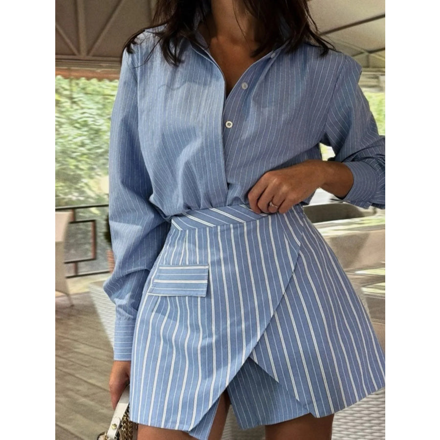 Striped Shirt and Asymmetrical Mini Skirt Set Apparel and Accessories