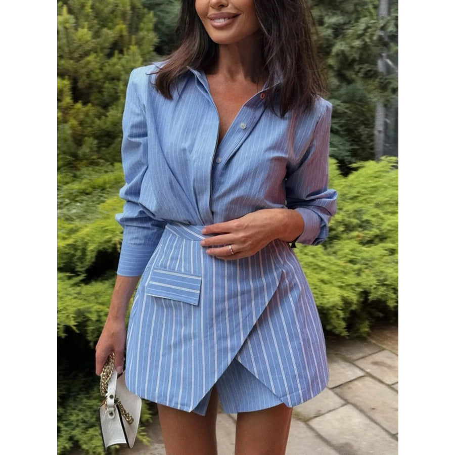 Striped Shirt and Asymmetrical Mini Skirt Set Dusty Blue / S Apparel and Accessories