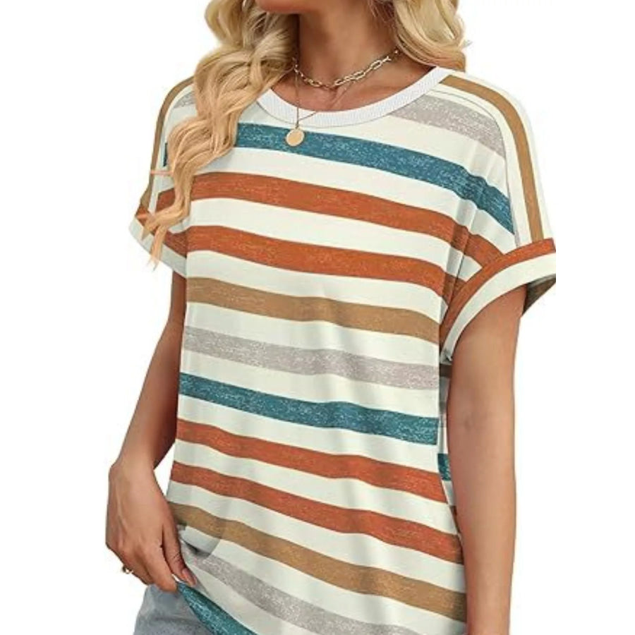 Striped Short Sleeve Casual T-Shirt Orange / S Apparel and Accessories