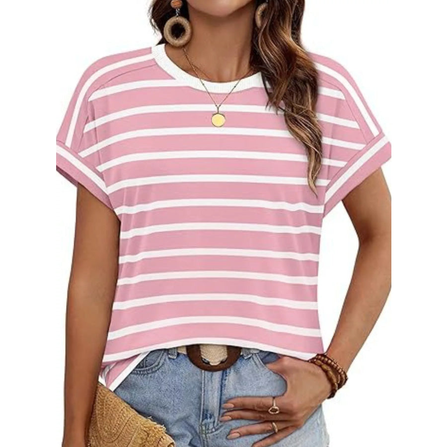 Striped Short Sleeve Casual T-Shirt Pink / S Apparel and Accessories