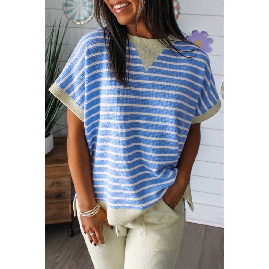 Striped Short Sleeve Casual Top Light Blue / S Apparel and Accessories