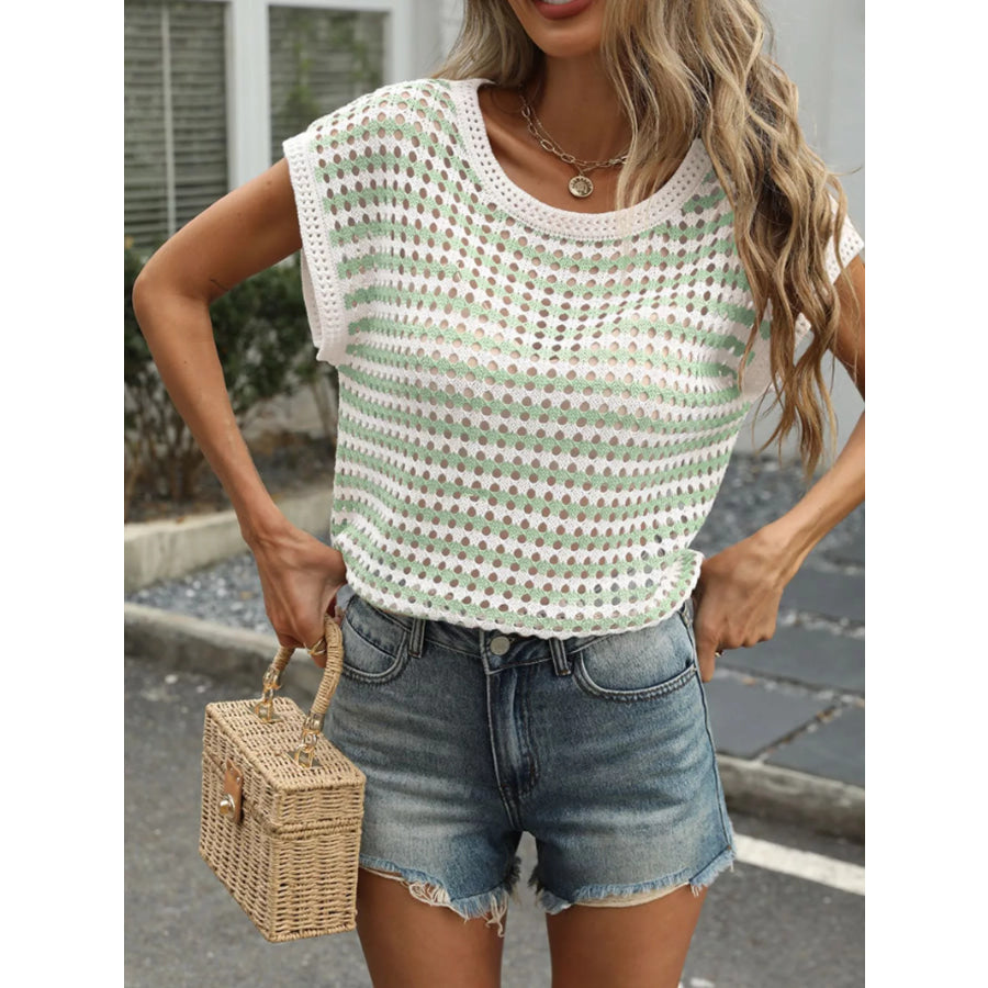 Striped Short Sleeve Crochet Knit Top Apparel and Accessories