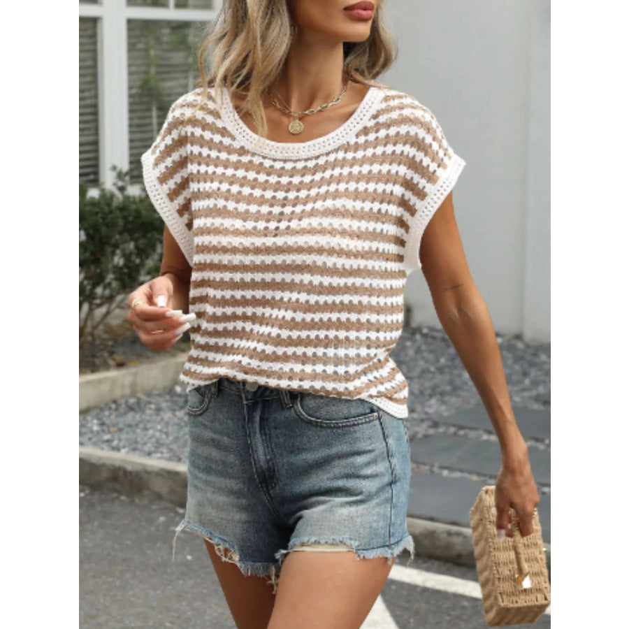 Striped Short Sleeve Crochet Knit Top Apparel and Accessories