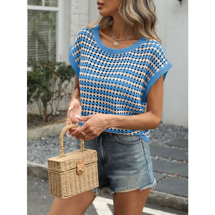 Striped Short Sleeve Crochet Knit Top Apparel and Accessories