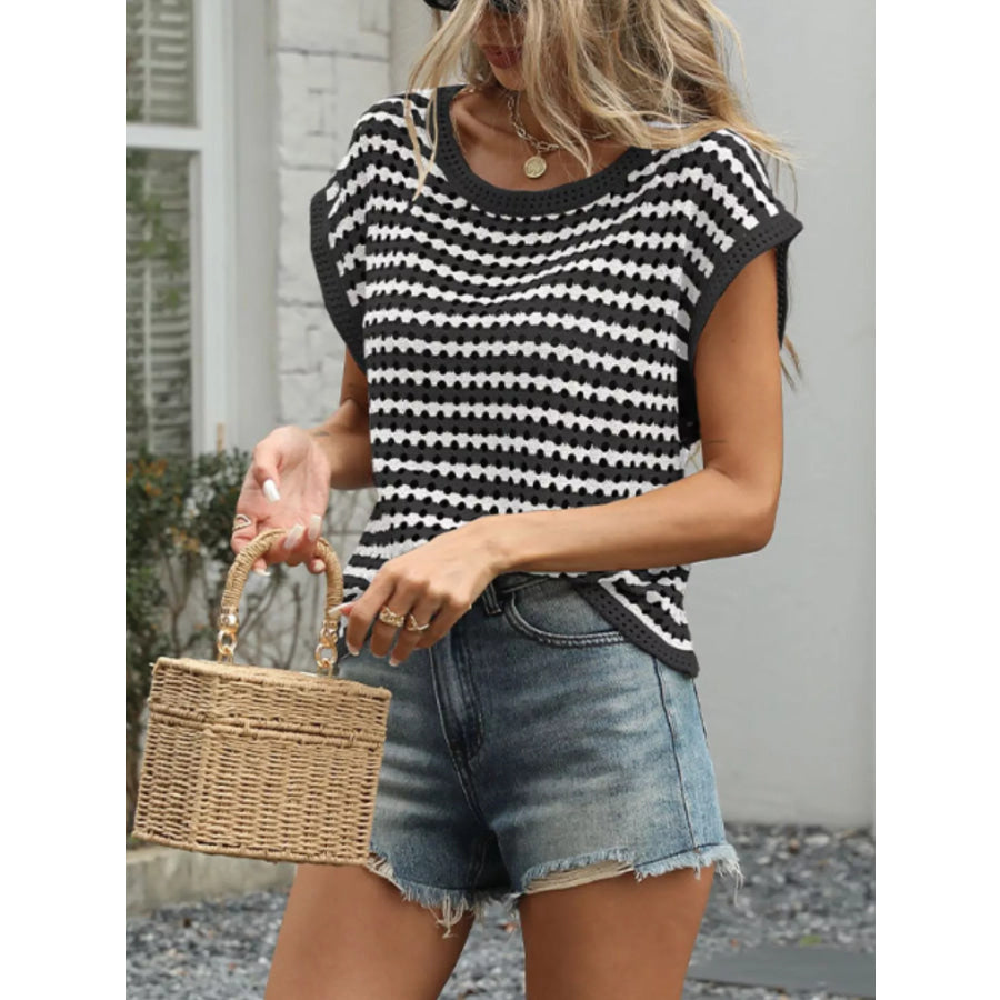 Striped Short Sleeve Crochet Knit Top Apparel and Accessories