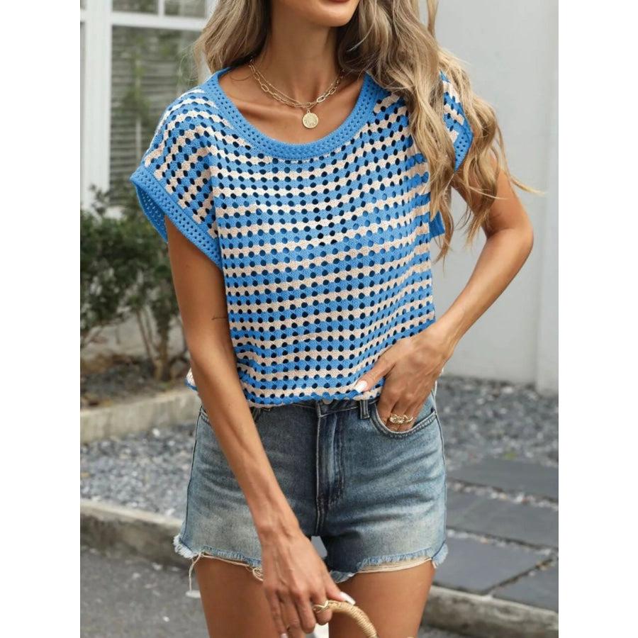 Striped Short Sleeve Crochet Knit Top Blue / S Apparel and Accessories