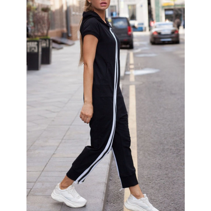 Striped Short Sleeve Hooded Jumpsuit Apparel and Accessories