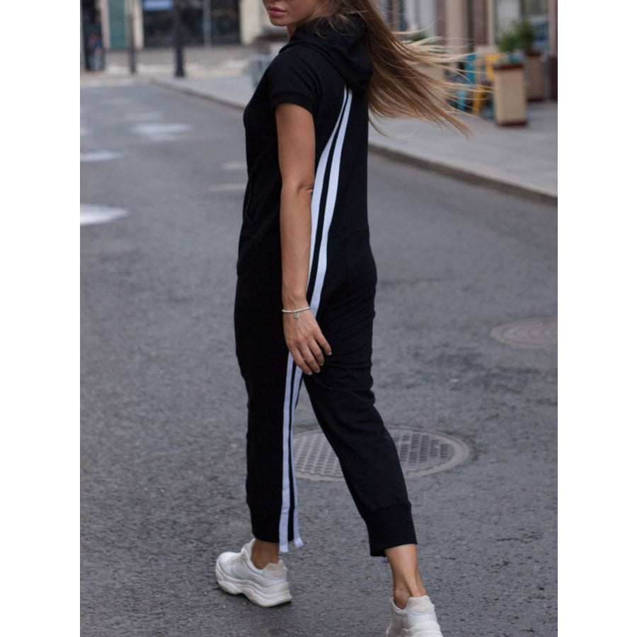 Striped Short Sleeve Hooded Jumpsuit Apparel and Accessories