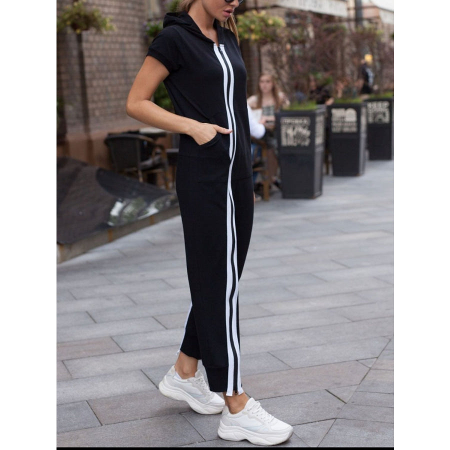 Striped Short Sleeve Hooded Jumpsuit Apparel and Accessories