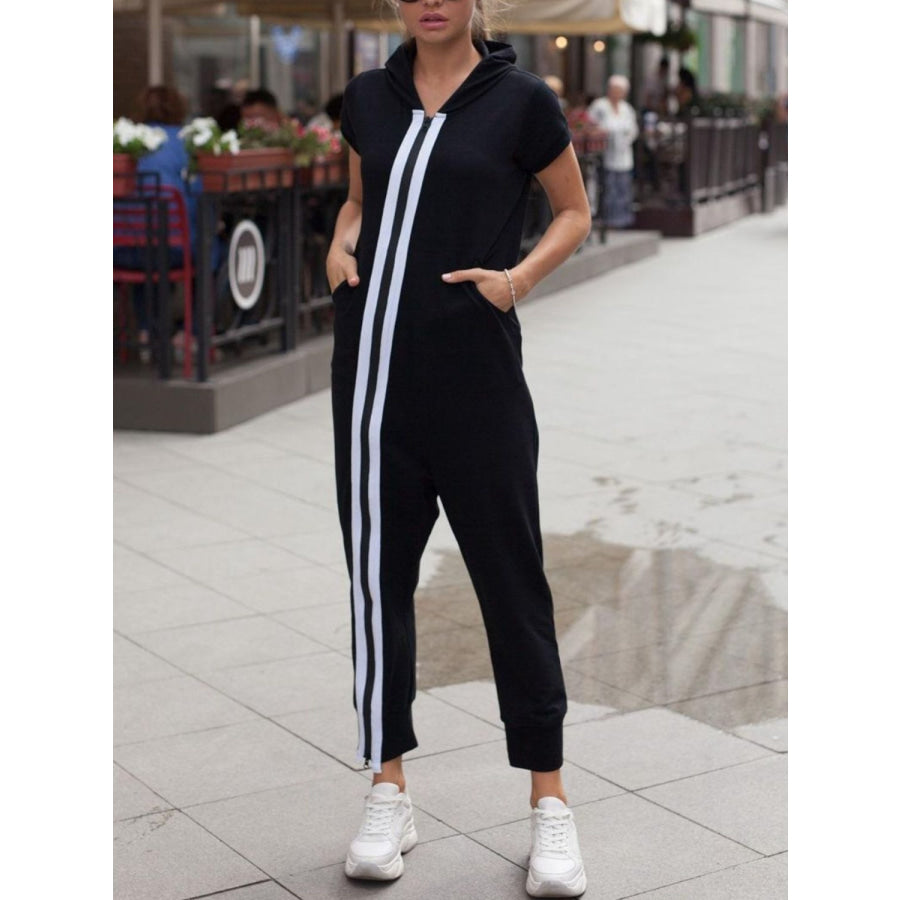 Striped Short Sleeve Hooded Jumpsuit Black / S Apparel and Accessories