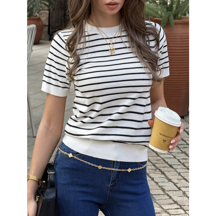 Striped Short-Sleeve Knit Top Black / S Apparel and Accessories