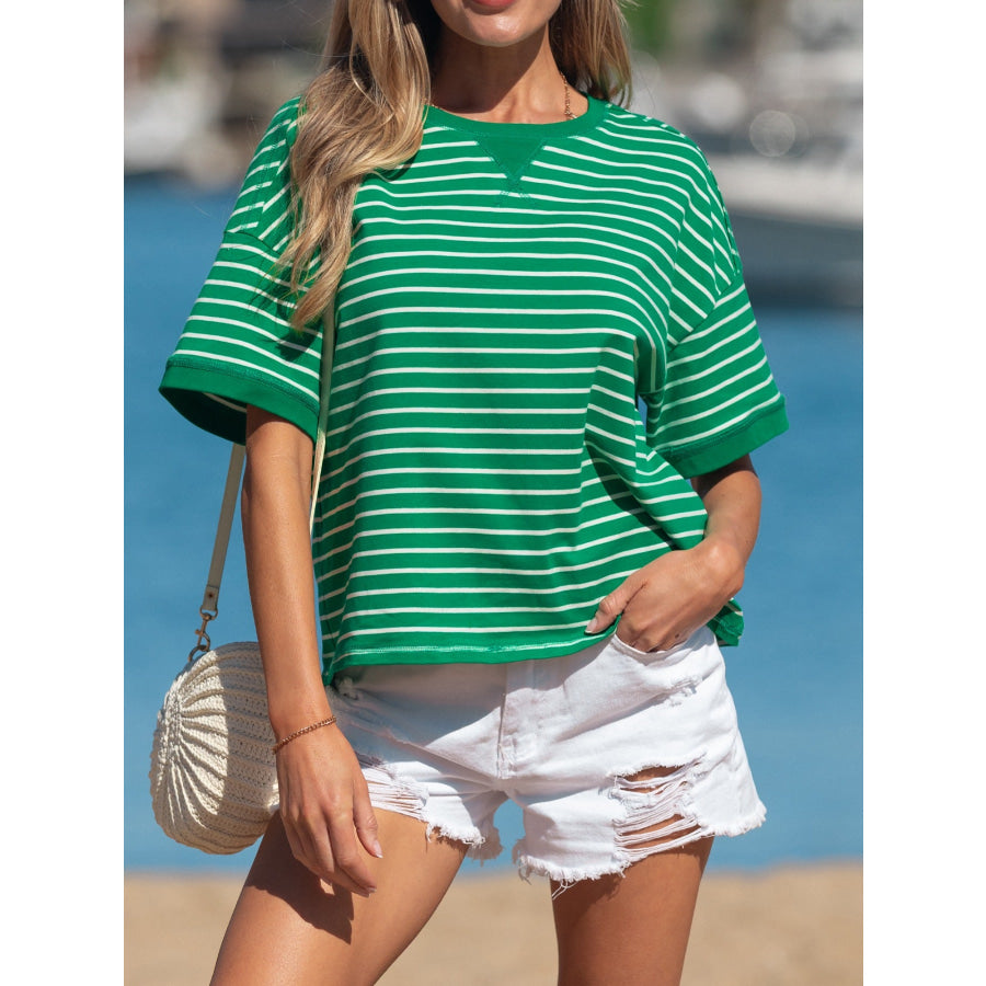 Striped Short Sleeve Relaxed-Fit T-Shirt Green / S Apparel and Accessories