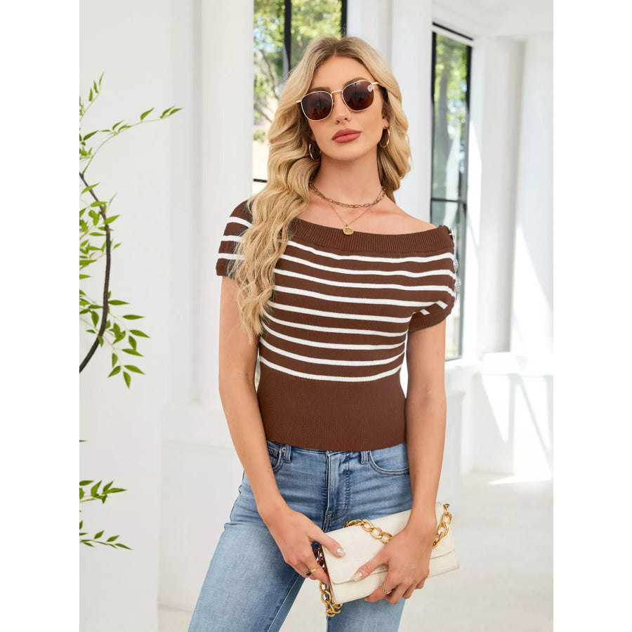 Striped Short Sleeve Sweater Brown / S Apparel and Accessories