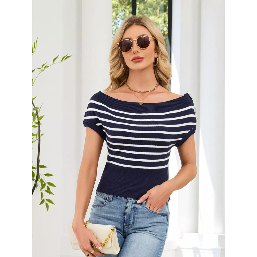 Striped Short Sleeve Sweater Dark Blue / S Apparel and Accessories