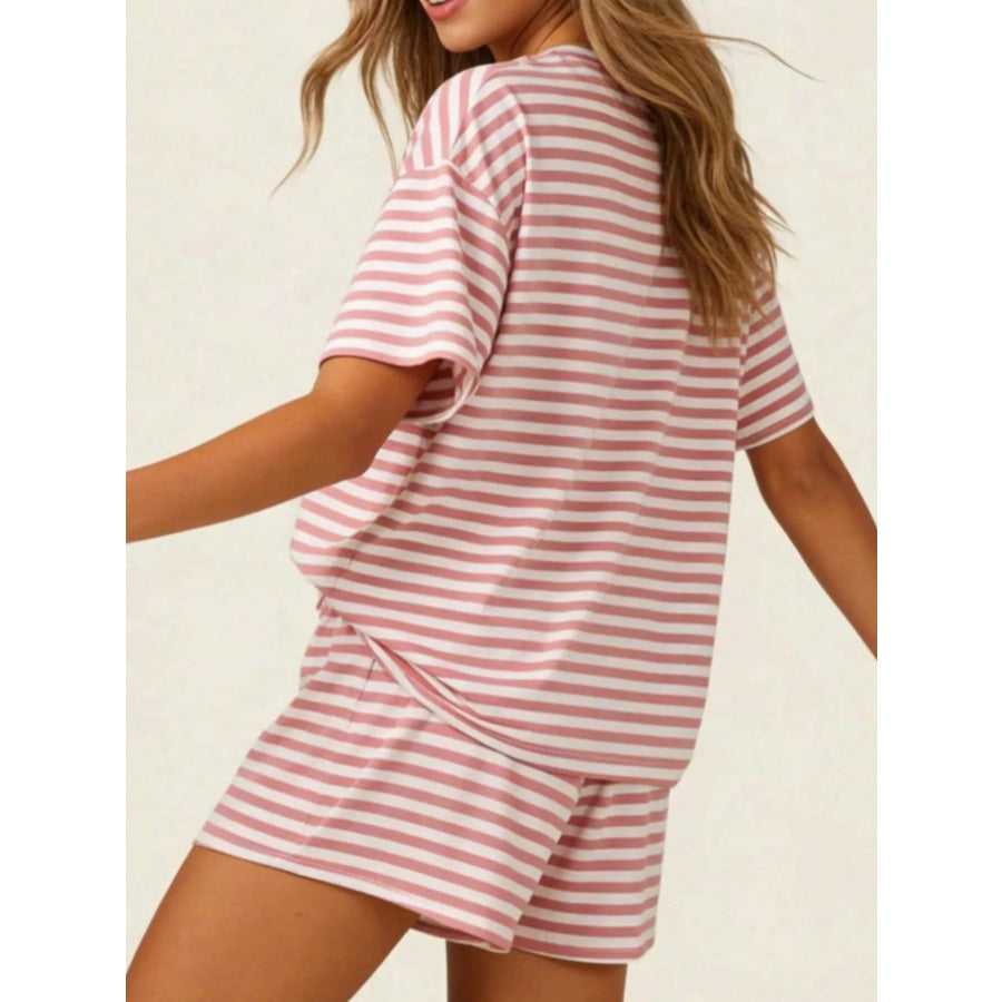 Striped Short Sleeve Tee and Drawstring Shorts Set Apparel and Accessories