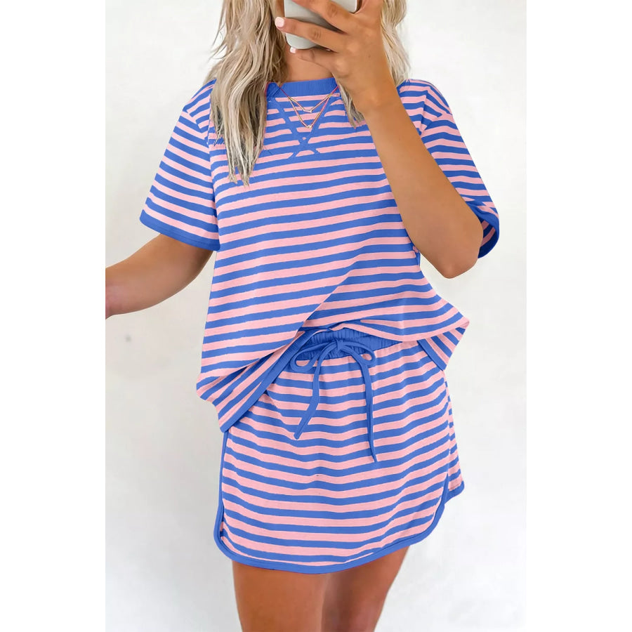 Striped Short Sleeve Tee and Shorts Set Lavender / S Apparel and Accessories
