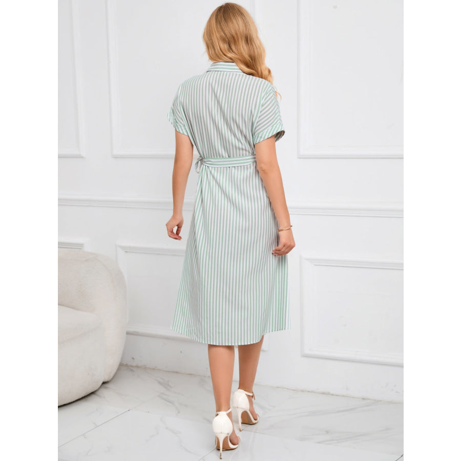 Striped Short Sleeve Tie Waist Midi Dress Light Green / S Apparel and Accessories