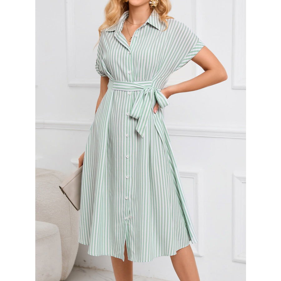 Striped Short Sleeve Tie Waist Midi Dress Light Green / S Apparel and Accessories