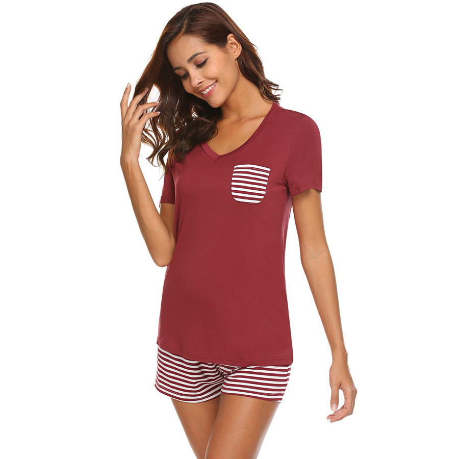 Striped Short Sleeve Top and Shorts Lounge Set Apparel Accessories