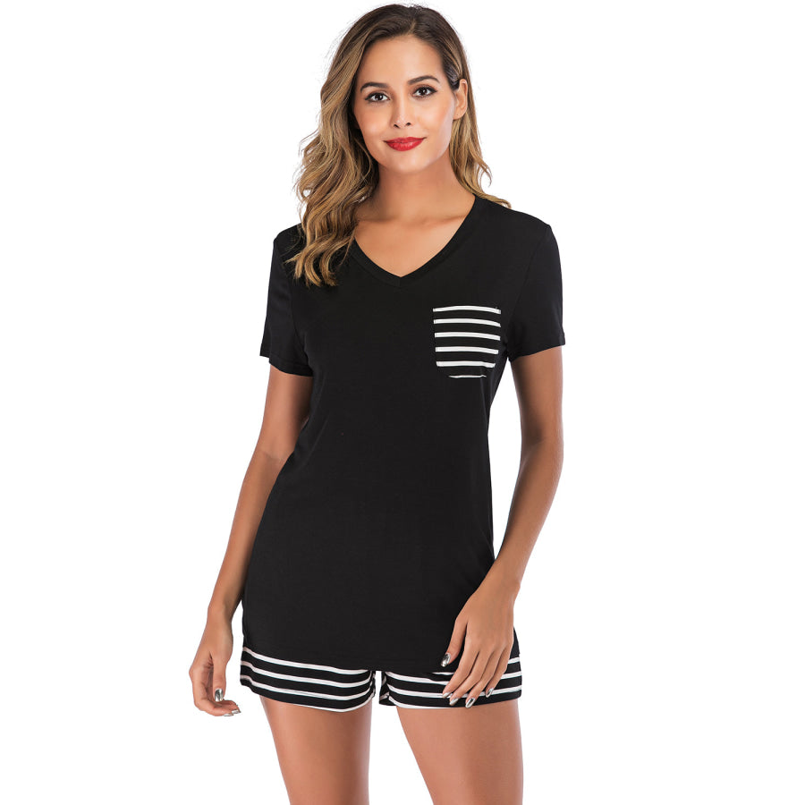 Striped Short Sleeve Top and Shorts Lounge Set Apparel Accessories