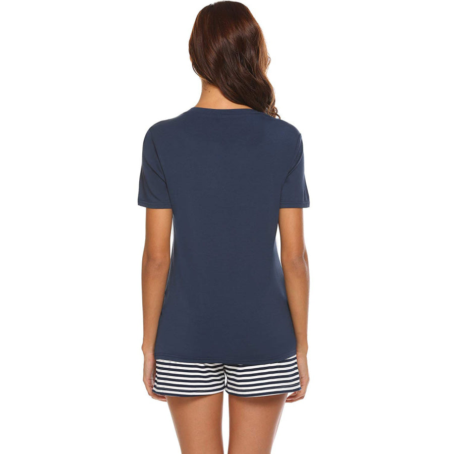 Striped Short Sleeve Top and Shorts Lounge Set Dark Navy / S Apparel Accessories