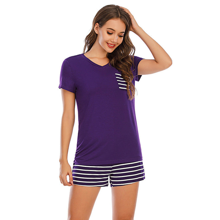 Striped Short Sleeve Top and Shorts Lounge Set Apparel Accessories