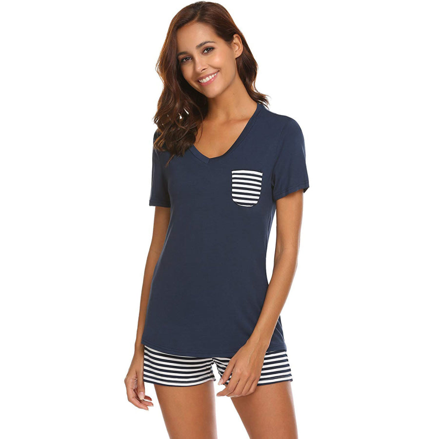 Striped Short Sleeve Top and Shorts Lounge Set Apparel Accessories