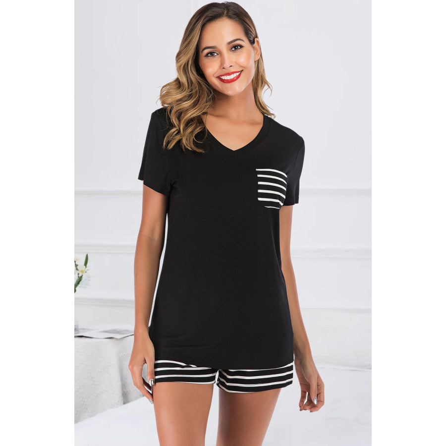 Striped Short Sleeve Top and Shorts Lounge Set Black / S Apparel Accessories