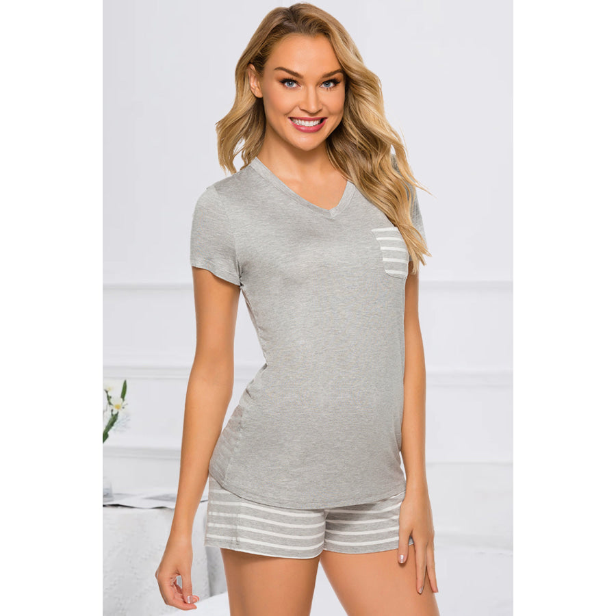 Striped Short Sleeve Top and Shorts Lounge Set Light Gray / S Apparel Accessories