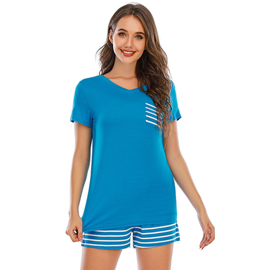 Striped Short Sleeve Top and Shorts Lounge Set Sky Blue / S Apparel Accessories