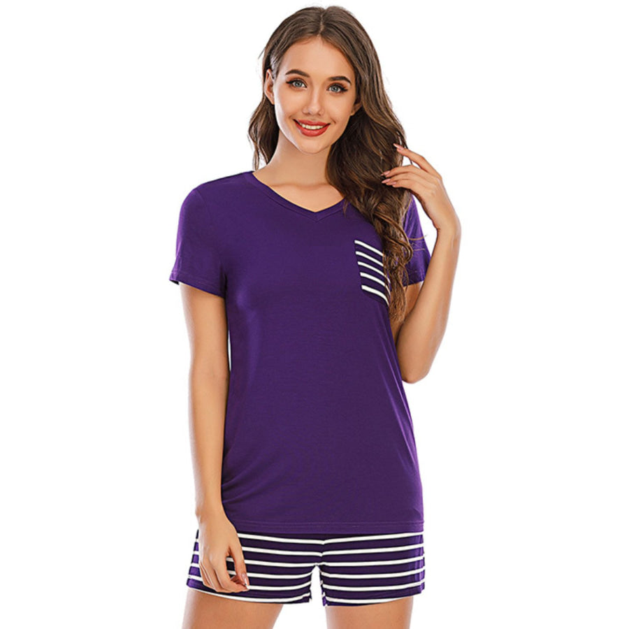 Striped Short Sleeve Top and Shorts Lounge Set Violet / S Apparel Accessories