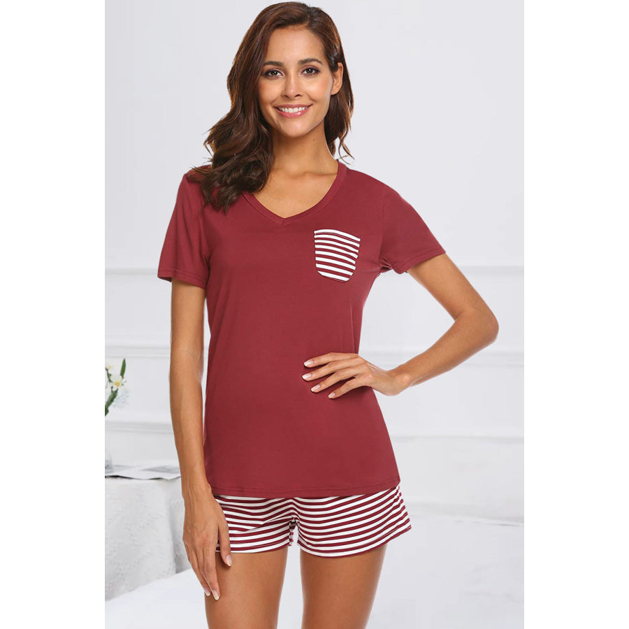 Striped Short Sleeve Top and Shorts Lounge Set Wine / S Apparel Accessories