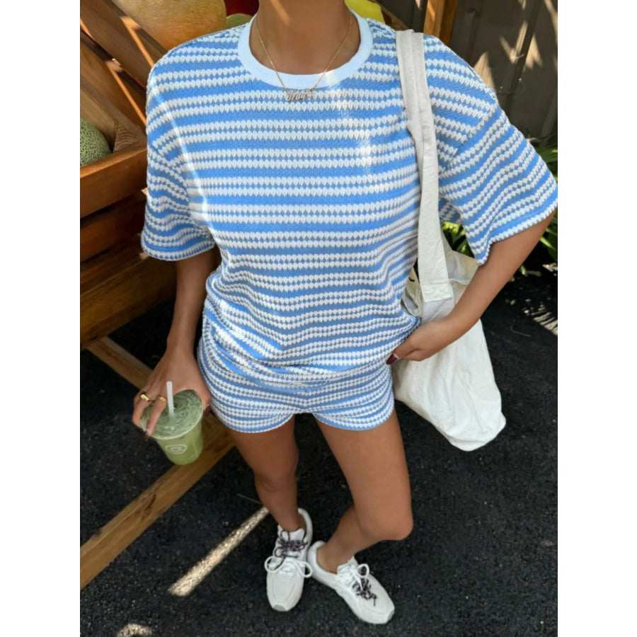 Striped Short Sleeve Top and Shorts Set Pink Striped / S Apparel and Accessories