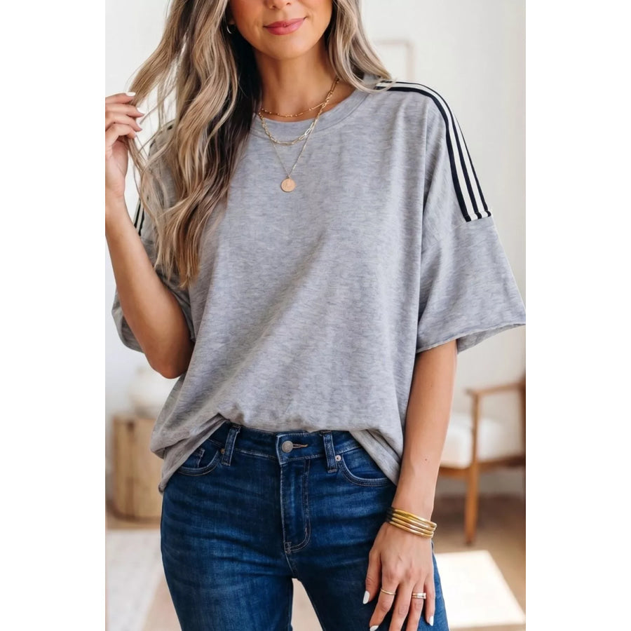 Striped Shoulder Relaxed Fit T-Shirt Gray / S Apparel and Accessories