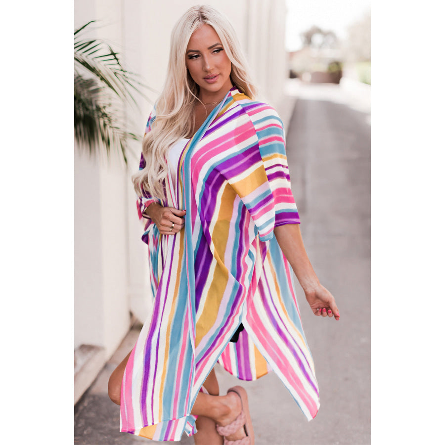 Striped Side Slit Open Front Cardigan Multicolor / One Size Apparel and Accessories