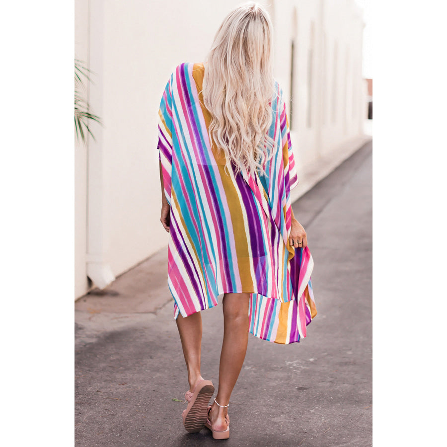 Striped Side Slit Open Front Cardigan Multicolor / One Size Apparel and Accessories