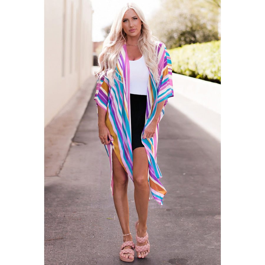 Striped Side Slit Open Front Cardigan Multicolor / One Size Apparel and Accessories